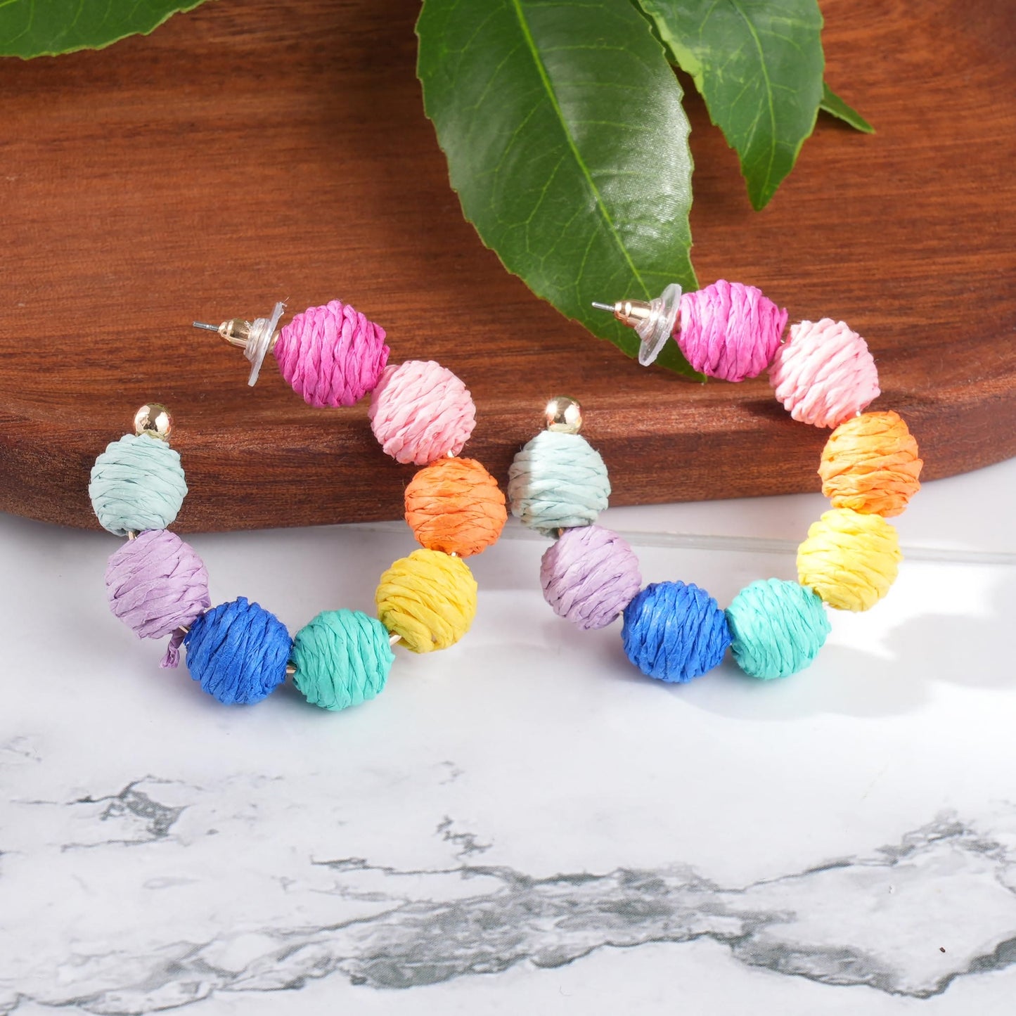 Rattan Earrings Summer Boho Raffia Ball Hoop Dangle Colorful Earrings for Women Girls Lightweight Straw Wicker Statement Earrings Bohemian Beach Earrings Jewelry Gifts