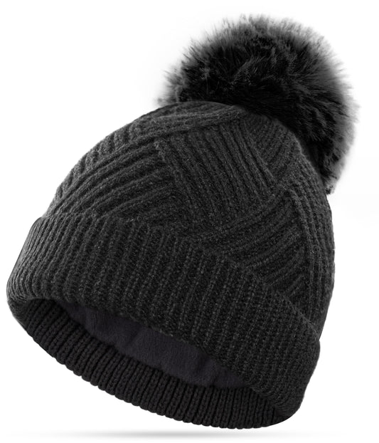 YESWEL Beanie Hats for Women,Warm Winter Hats,Bobble Knitted Hats Thermal Layer Fleece Lined with Detachable Pom Pom for Outdoor Skiing (Black)