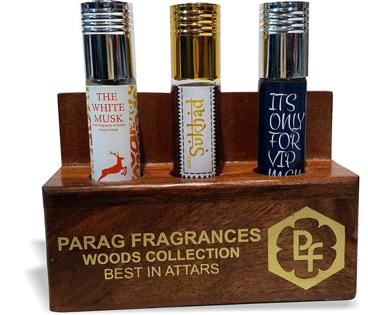 Parag Fragrances Wood Collection Sukhad (Sandal Kesar),Long Lasting And Alchol Free Attar Set 6 Ml Each, 18 Ml