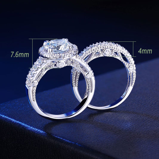 SweetJew 925 Sterling Silver Halo Wedding Set Engagement Rings for Women 5A Cubic Zirconia Size O