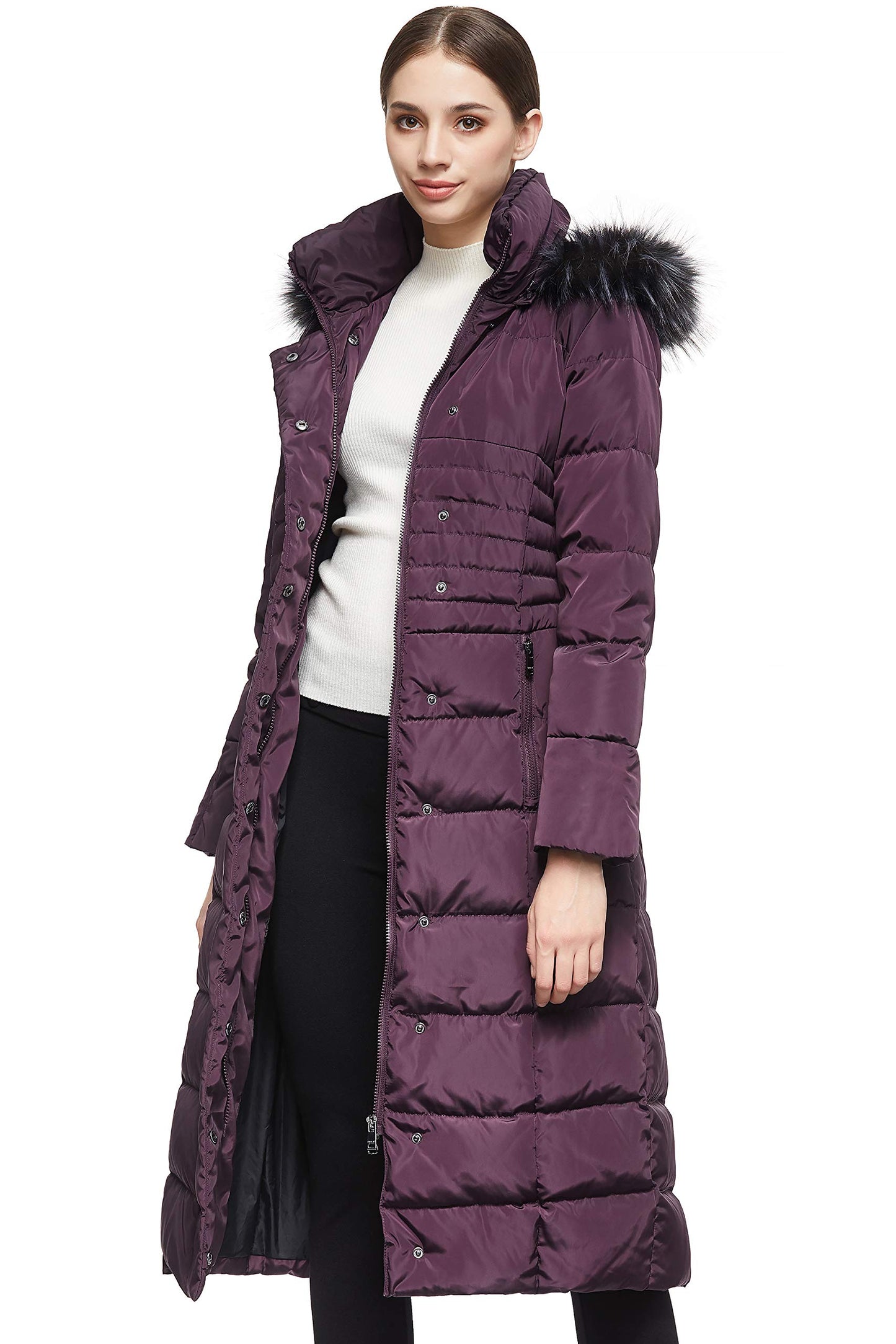 Orolay Women's Winter Long Down Jacket with Fur Hood Raglan Sleeve Coat Quilted Comfort Jacket Navy L