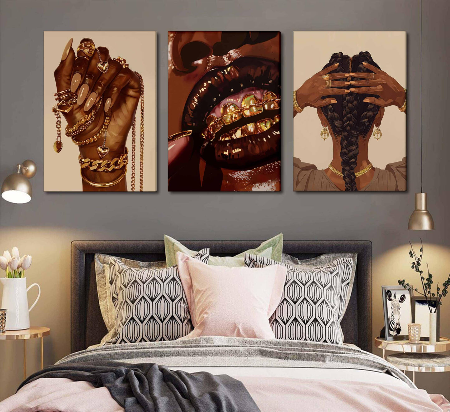 3 Pcs African American Woman Canvas Wall Art Fashion Afrocentric Black Girl Grill Melanin Paintings Pictures Wall Decor Poster Print Artwork for Living Room Bedroom Home Decoration (Canvas, 16x24in)