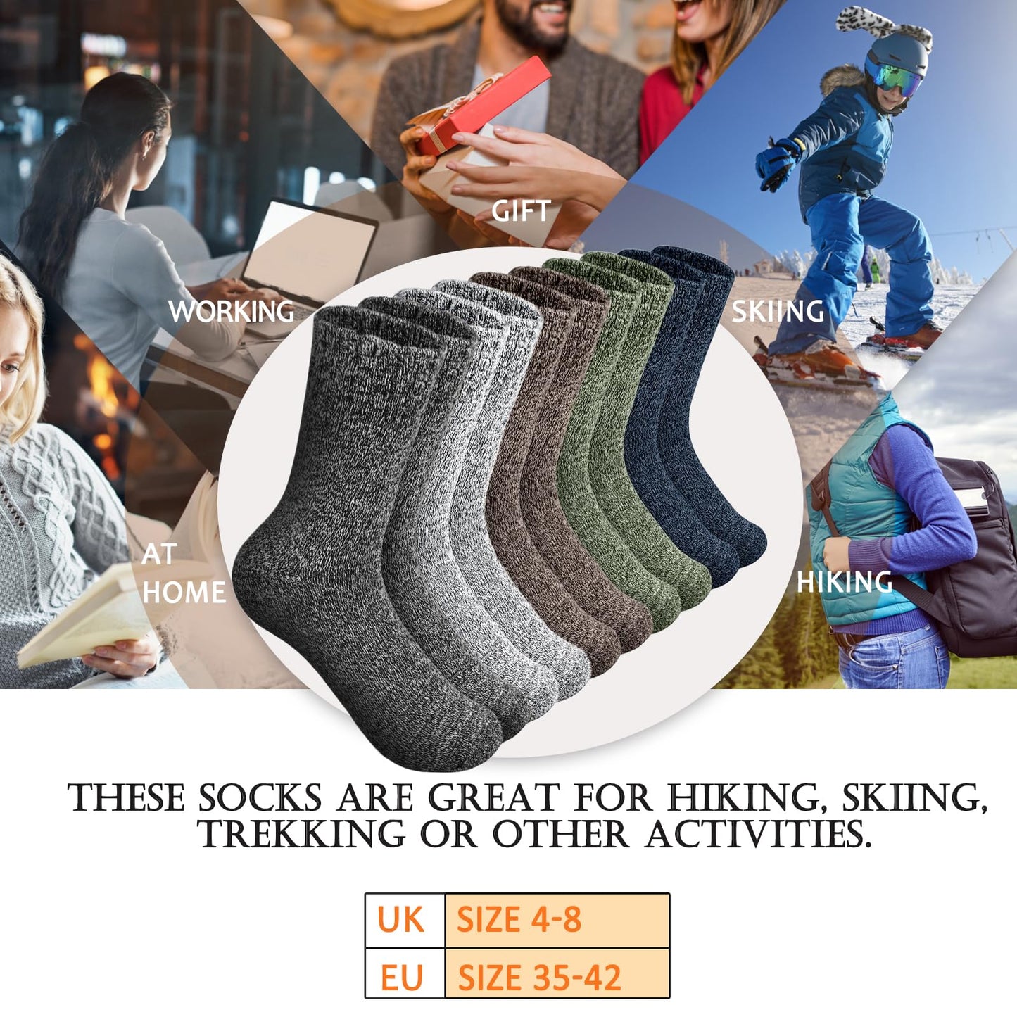 Hocerlu 5 Pairs Thermal Socks for Women and Men, Thick Winter Wool Warm Socks Cosy Boot Socks for Unisex, Size UK 4-8