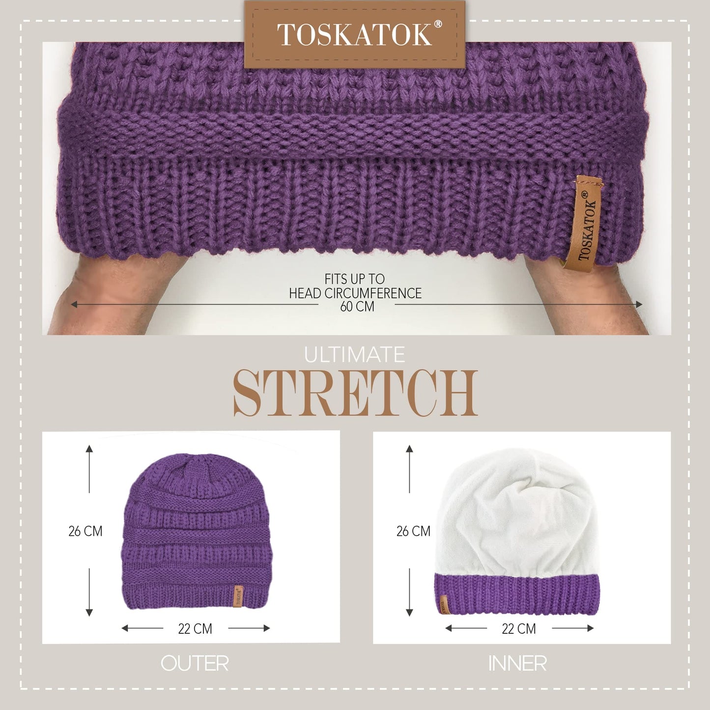 TOSKATOK Ladies Warm Slouch Knit Winter Beanie Hat with Supersoft Velour Thermal Lining ski Cap-Purple