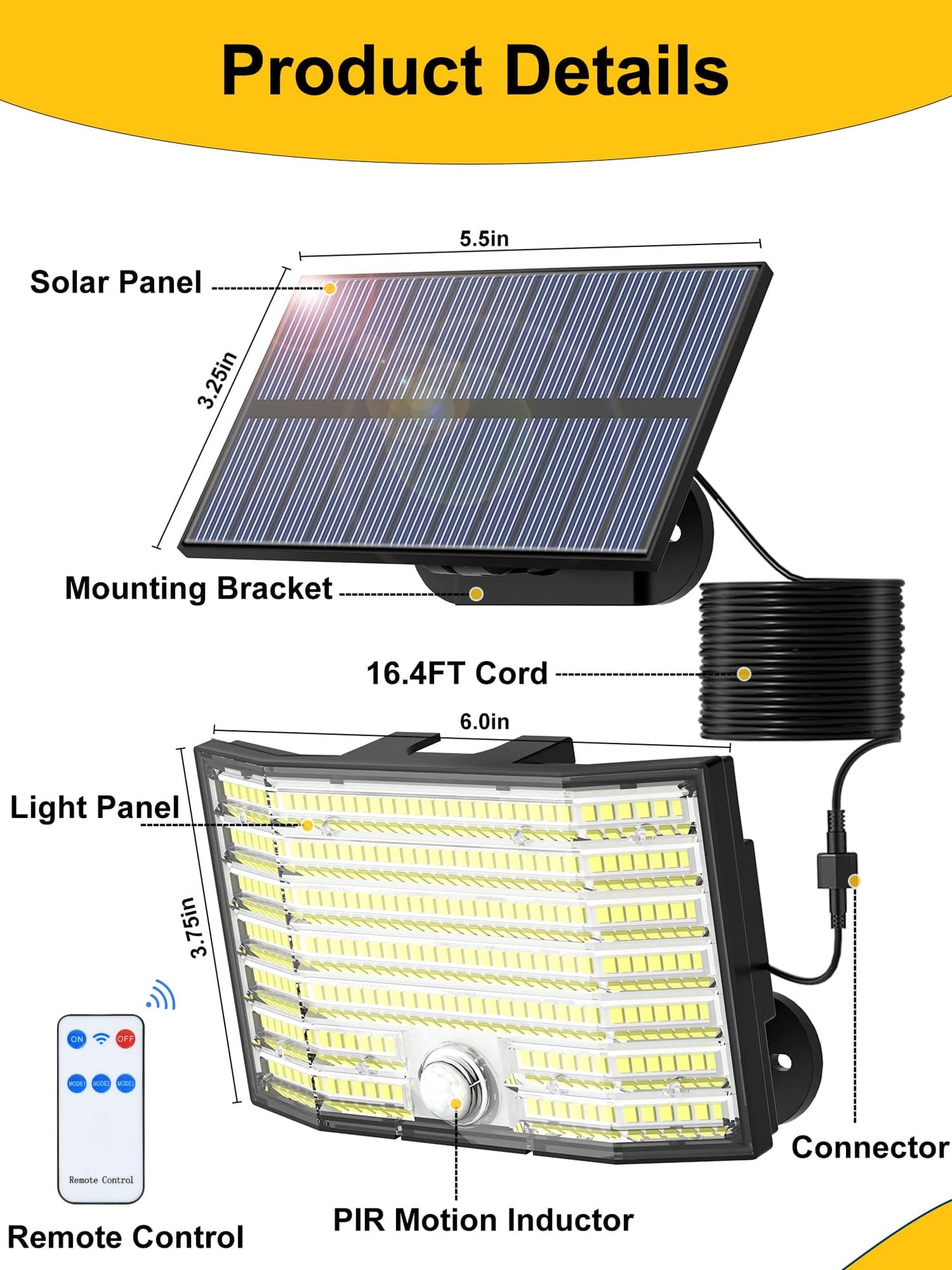 Solar Lights Outdoor, 226 LED Solar Security Lights and 3 Modes Motion Sensor Solar Powered Lights, IP65 Waterproof Split Flood Lights with Remote & 16.5Ft/5M Cable for Garden Shed Yard (White 1 Pack)