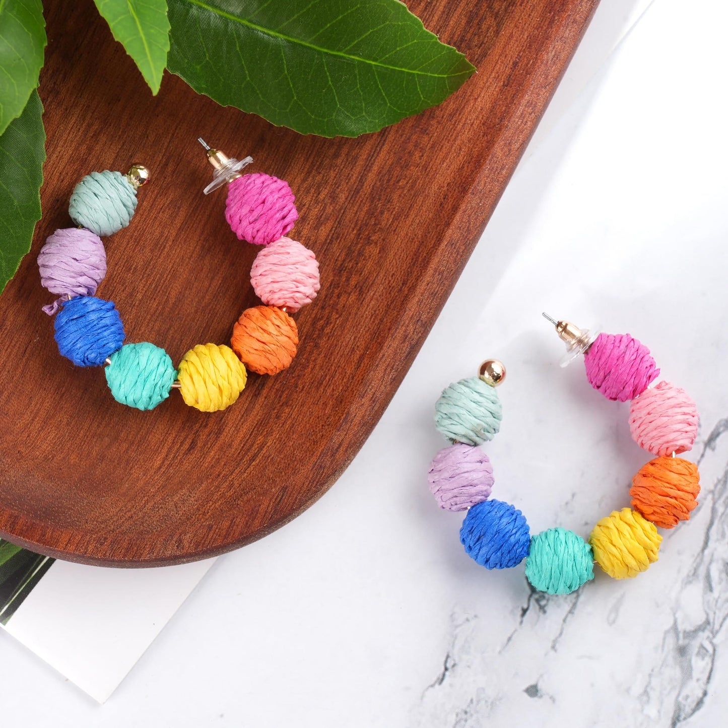 Rattan Earrings Summer Boho Raffia Ball Hoop Dangle Colorful Earrings for Women Girls Lightweight Straw Wicker Statement Earrings Bohemian Beach Earrings Jewelry Gifts