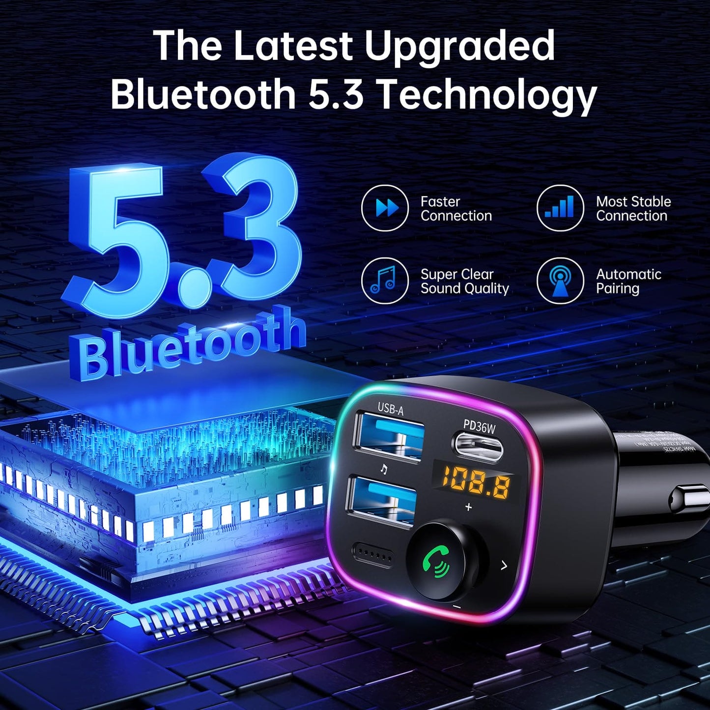 SYNCWIRE Bluetooth 5.3 FM Transmitter for Car, 48W Max Dual USB Bluetooth Car Adapter, Wireless Radio Receiver, Hands-Free Calling, Music Player Support 64G Drive with Light Switch Car Charger, Black