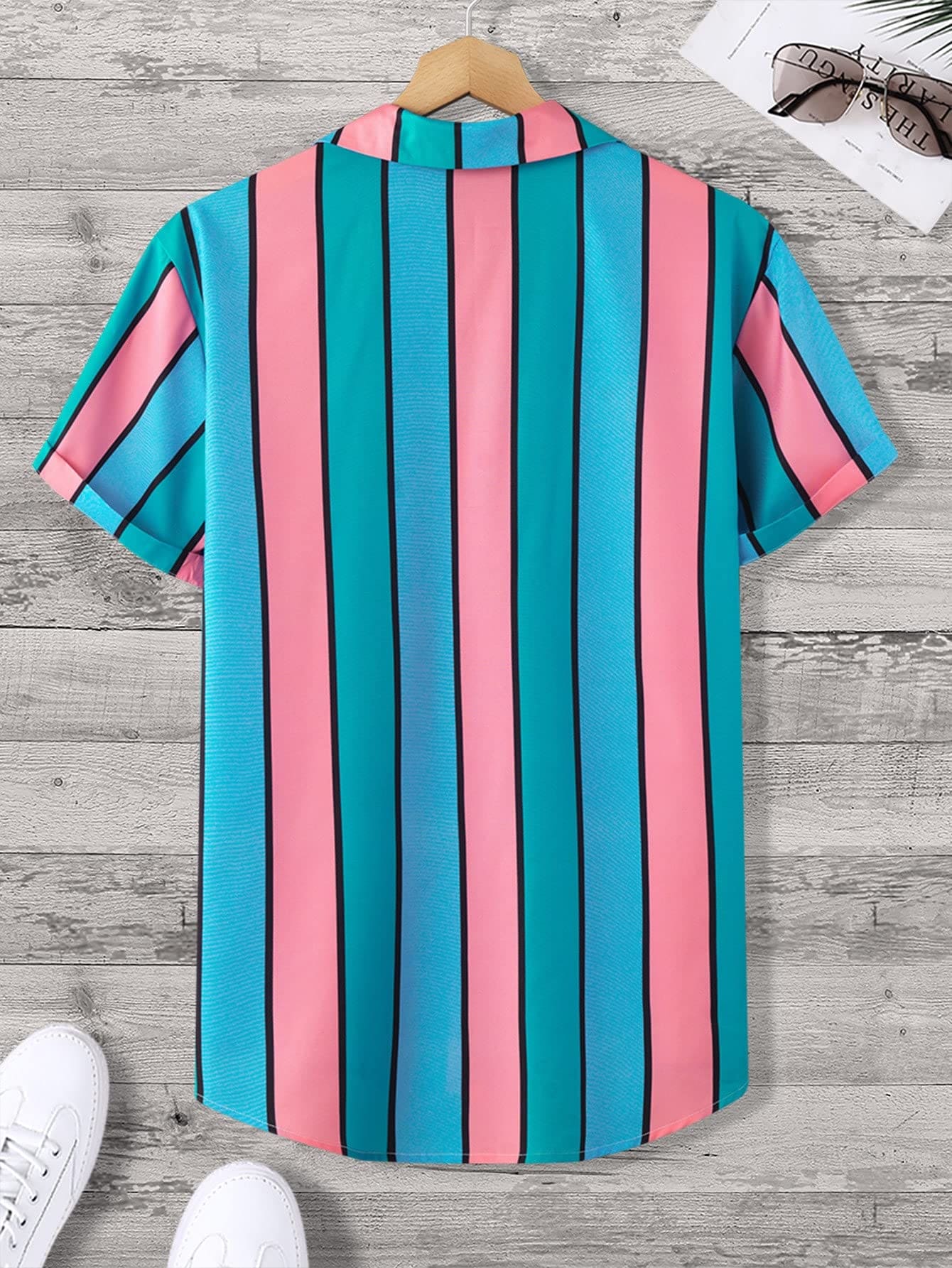 OYOANGLE Men's Color Block Striped Print Short Sleeve Button Up Casual Shirt Blue M