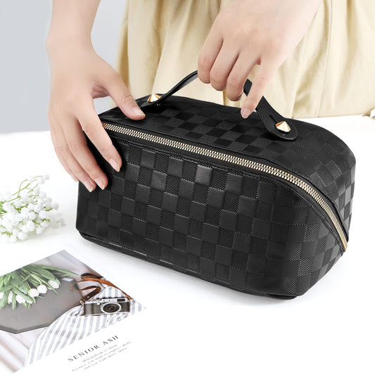 ALEXTINA Large Capacity Travel Cosmetic Bag - Portable Makeup Bags for Women Travel Toiletry Bag Waterproof Leather Checkered Makeup Organizer Bag, Roomy Cosmetic Bag for Women and Girls, Black