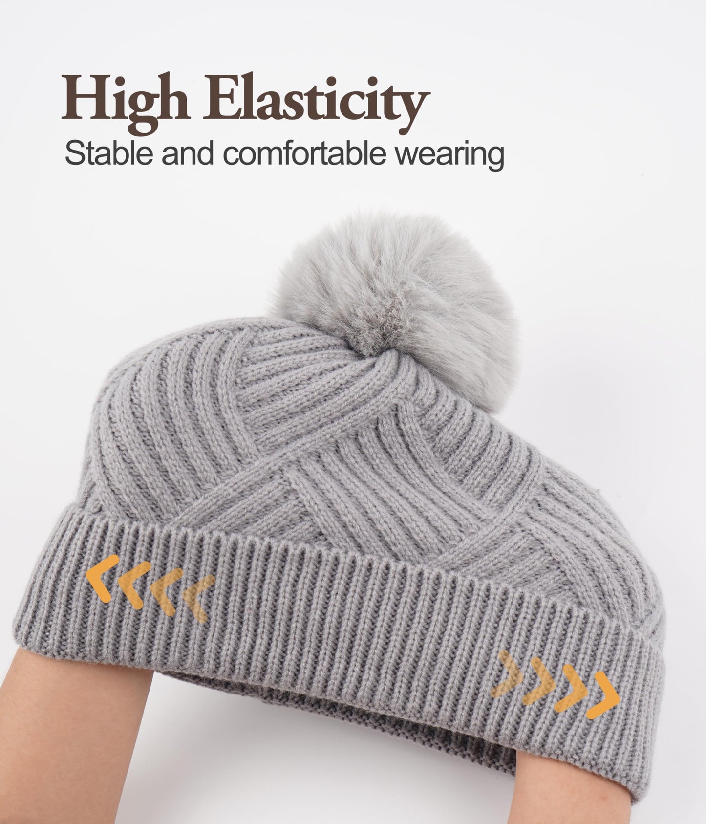 YESWEL Beanie Hats for Women,Warm Winter Hats, Bobble Knitted Hats Thermal Layer Fleece Lined with Detachable Pom Pom for Outdoor Skiing (Lightgrey)