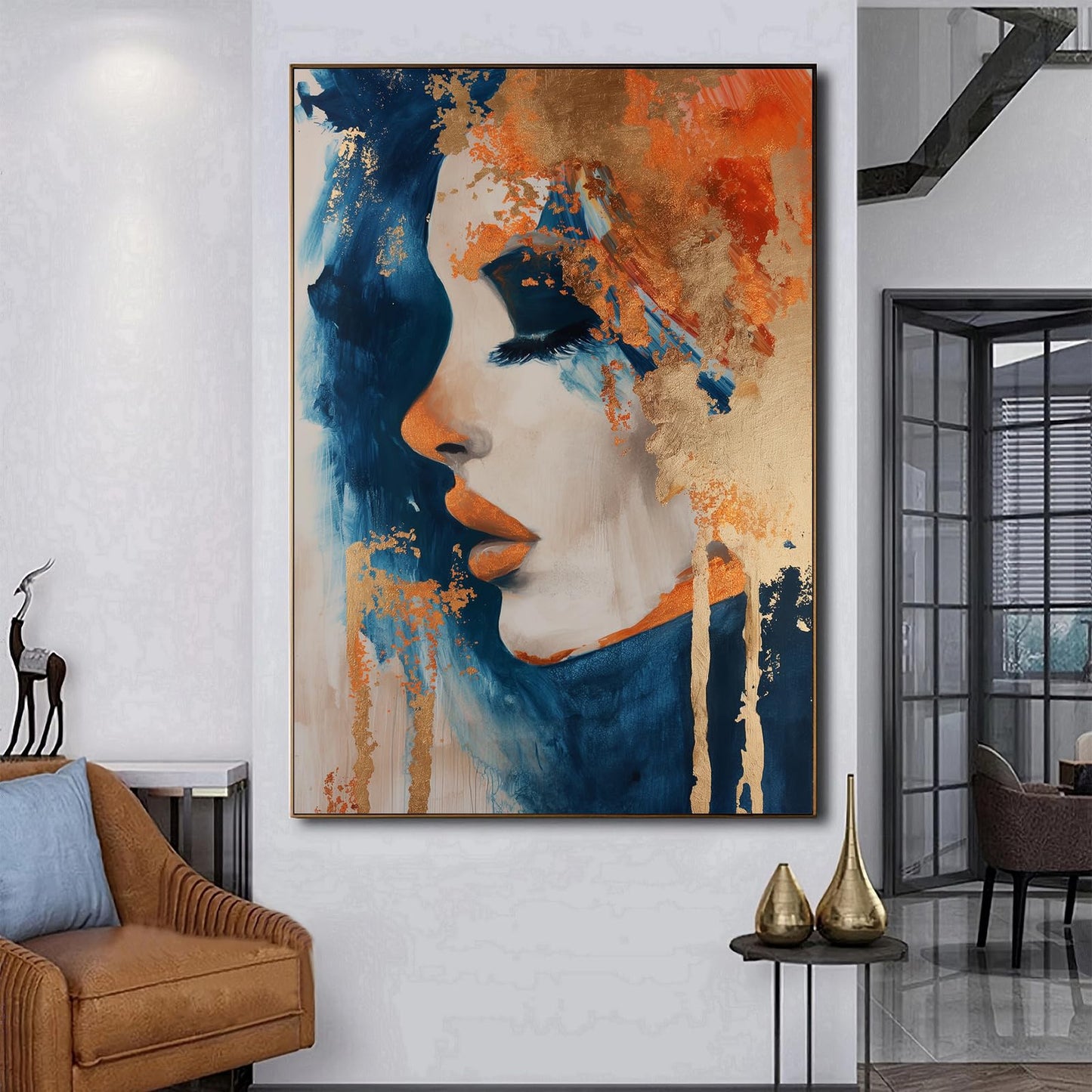 Orange Blue Canvas Wall Art Abstract Gold Painting Modern Abstract Canvas Orange Gold Blue Wall Art Abstract Face Canvas Art Navy Blue & Orange Wall Pictures Modern Orange Painting 16x24inch No Frame