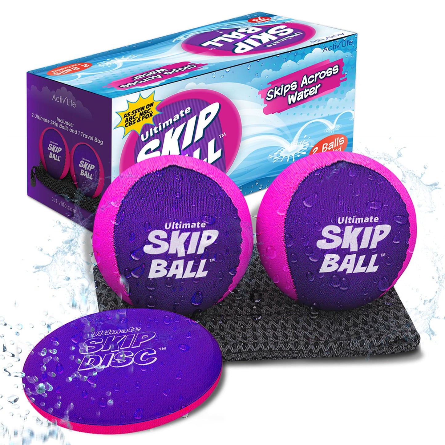 Activ Life Skip Ball, 2 Pack (Pink, Purple), Water Skipping Ball, Skip Balls for Swimming Pools, Pool Ball and Pool Toy for Kids, Easter Basket Stuffer Gift for Kids