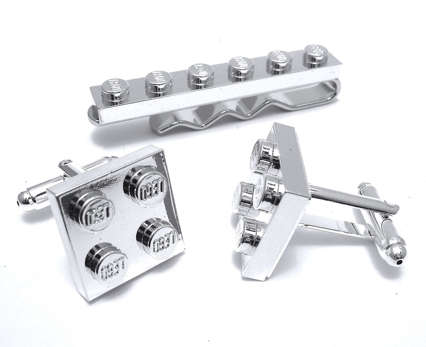 Chrome Plated Cufflinks and Tie Clip Set Handmade using Building Bricks *