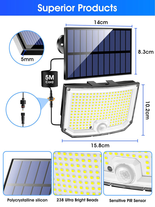 PIKOY Solar Lights, 238LED 2000LM Outdoor Solar Lights Outdoor Garden, 3 Mode Remote Solar Security Lights Outdoor Motion Sensor 270°,2200mAh Garden Lights Solar Powered Waterproof IP65 Garden,Garage