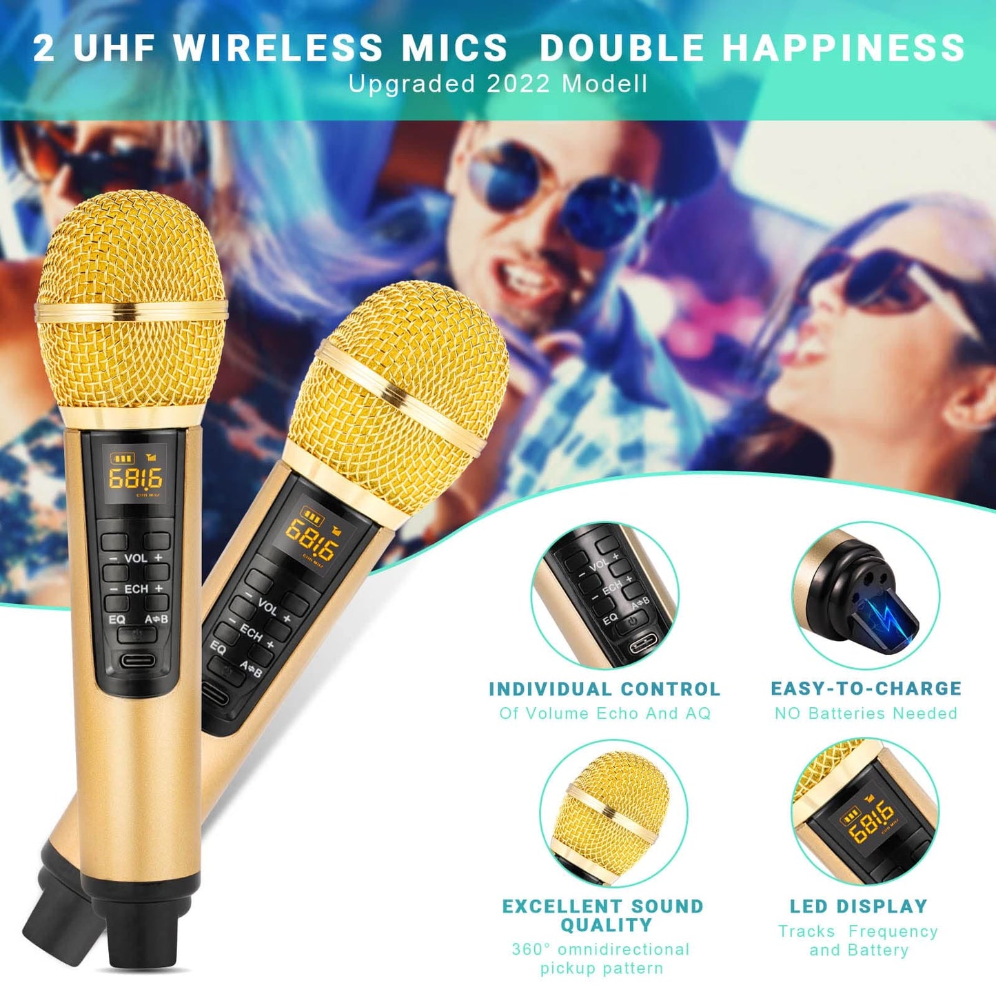 Karaoke Machine for Adults and Kids,Portable Bluetooth 2 Wireless Karaoke Microphone with Holder/USB/TF Card/AUX-in, PA Speaker System for Home Party, Picnic,Car,Outdoor/Indoor