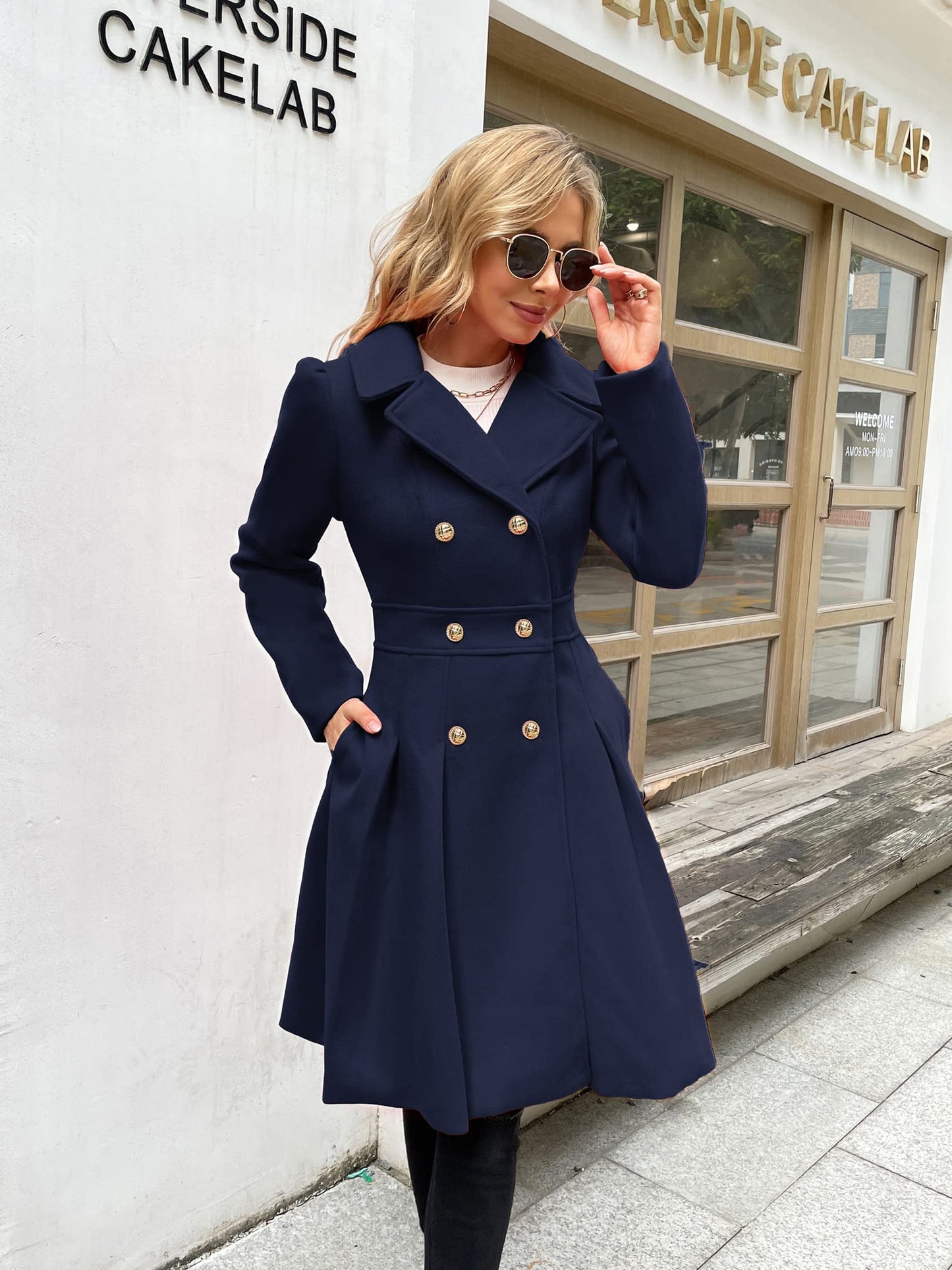 GRACE KARIN Women's Double-Breasted A Line Coat Puffed Sleeve Long Trench Coat Outwear for Winter Navy Blue A-Line Peacoat L