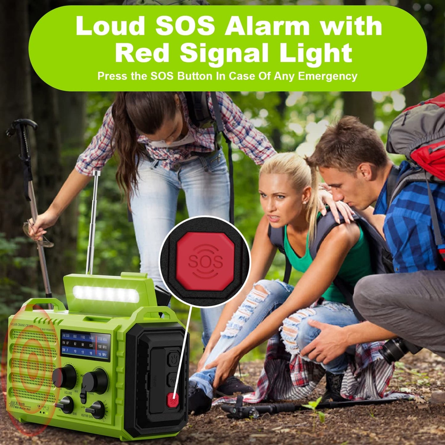 Solar Hand Crank Radio, 5-Way Powered AM/FM/SW Emergency Radio for Outdoor with 5000 mAh Capacity Battery, Portable Radio with USB Charger, LED Flashlight, Reading Lamp, SOS Alarm and Compass Green