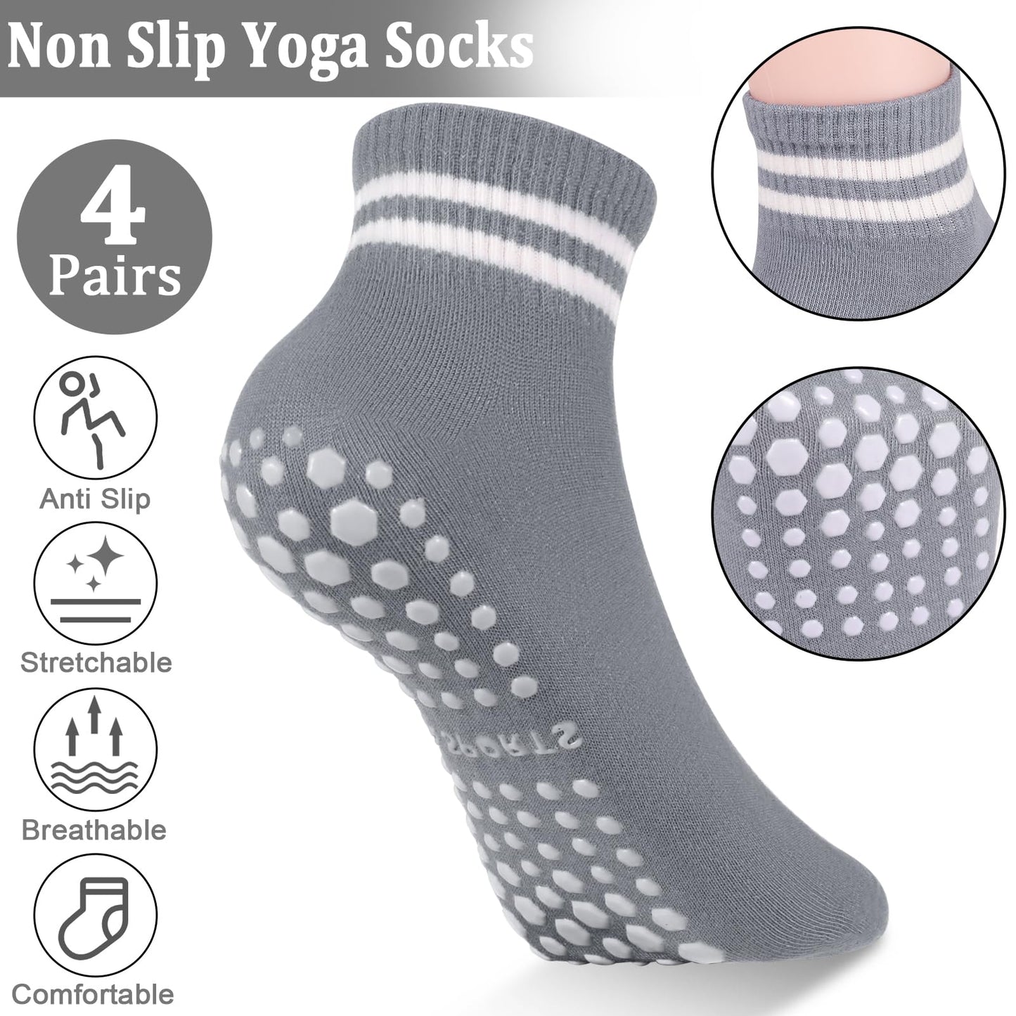 Radsocken 4 Pairs Non Slip Yoga Socks Pilates Socks for women with Grips Anti Skid Sticky Socks Sport Grip Socks for Yoga Pilates Barre Trampoline Fitness Hospital Home w