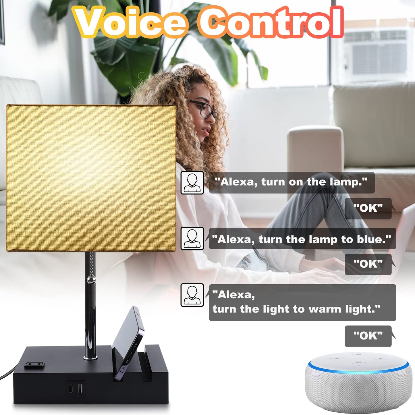 NEWREACH RGB Smart Table Lamp with Remote Control - Alexa Lamp for Bedroom with Voice & APP Control & Music Sync, Dimmable Nightstand Lamp with Charging Station for Living Room, Alexa Bulb Included