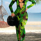 JerXox Sexy Mesh Cover Ups Dress for Women Button Down Beach See Through Long Sleeve Swimwear Tropical Dresses Green Leaf