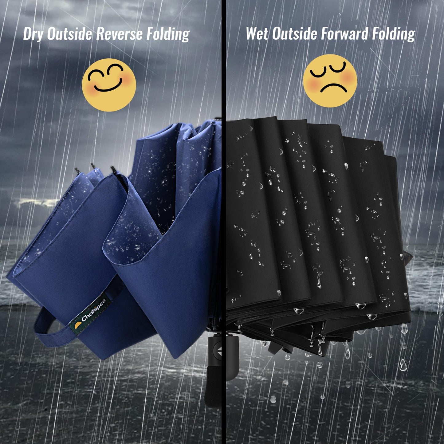 Compact Travel Umbrella Windproof Strong- Automatic Inverted Folding Umbrellas for Wind and Rain, 210T Teflon Coating 105cm Span - 10 Ribs Blue Portable Umbrella for Men and Women