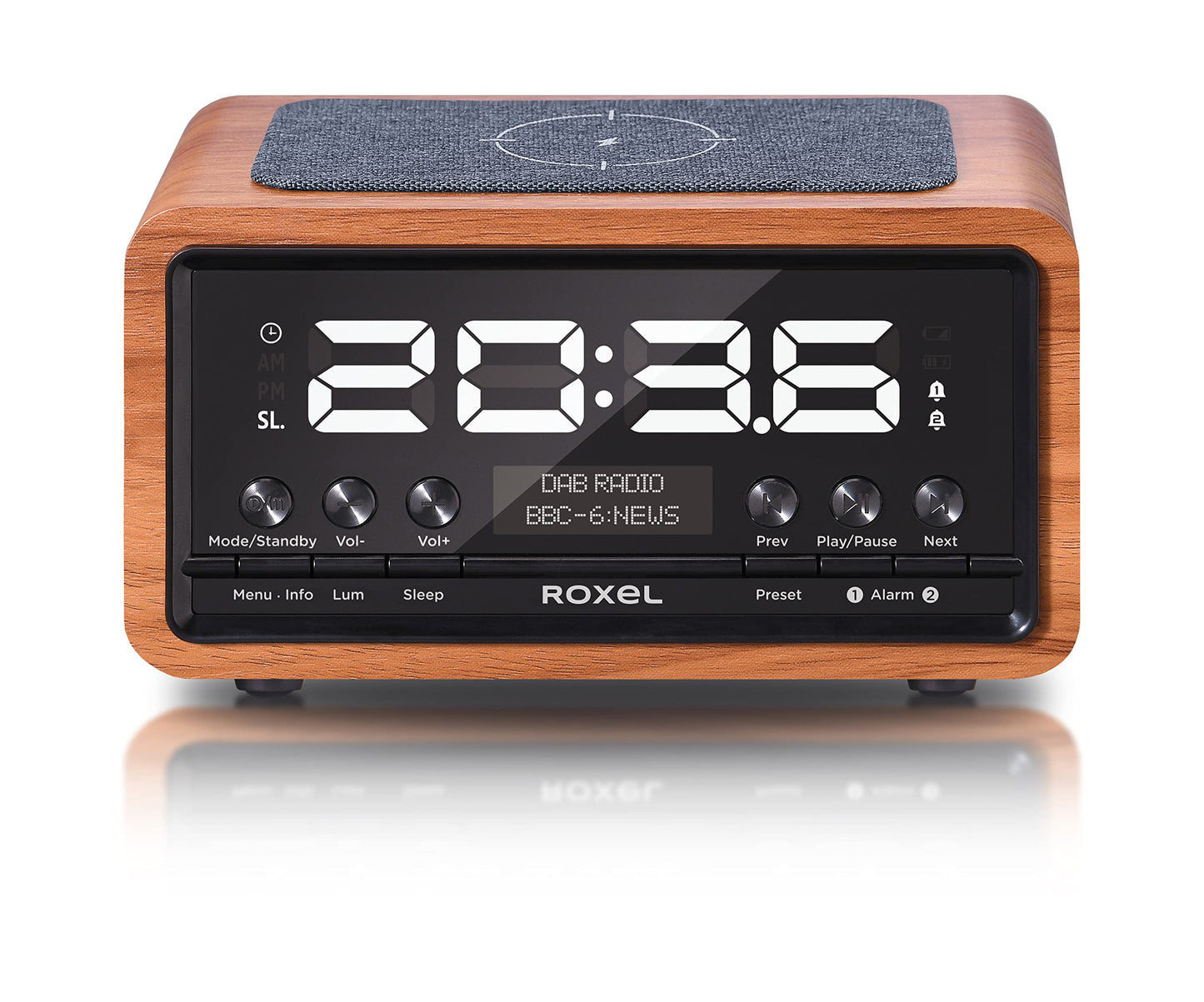 Roxel Nod Bedside Radio, DAB/DAB+ & FM Radio, Alarm Clock, Wireless Phone Charging, Large Digit Display, Dual Bedside Alarm Clock with Wireless Streaming (Walnut)