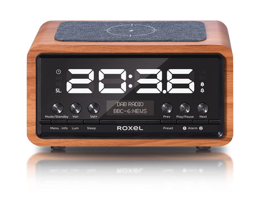 Roxel Nod Bedside Radio, DAB/DAB+ & FM Radio, Alarm Clock, Wireless Phone Charging, Large Digit Display, Dual Bedside Alarm Clock with Wireless Streaming (Walnut)