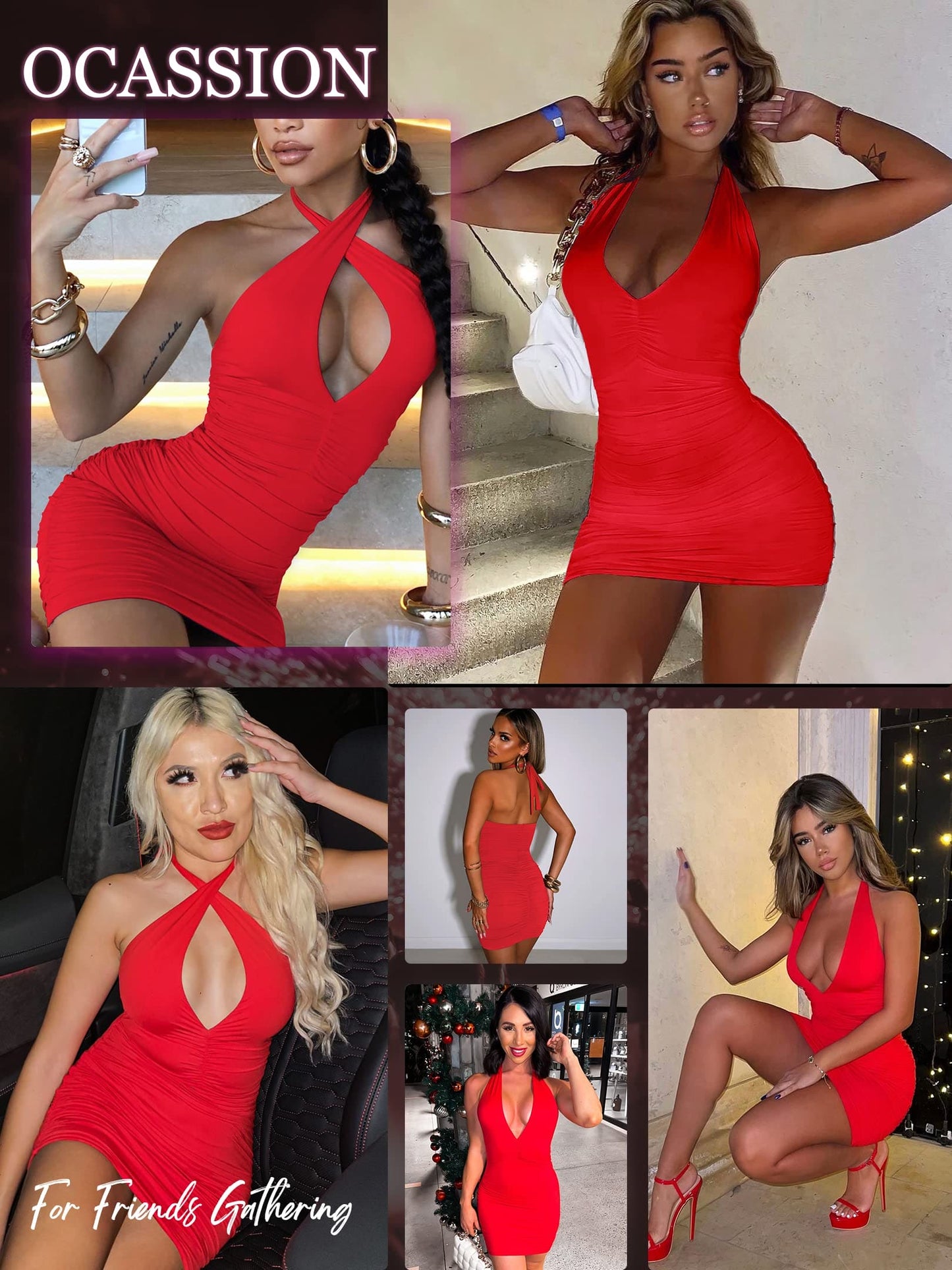 popiv Women's Sexy Mini Dress Criss Cross Bodycon Ruched Halter Neck Party Club Dress Red