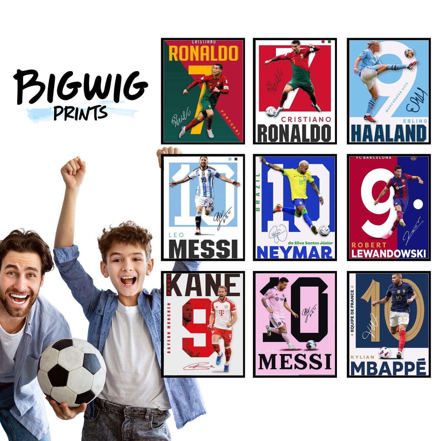 BigWig Prints Soccer Poster - Soccer Posters For Boys Bedroom, Messi And Ronaldo Poster, Messi Posters For Boys Bedroom, Soccer Wall Art, Messi Wall Art, Ronaldo Posters - Unframed Set Of 9 (8x10”)