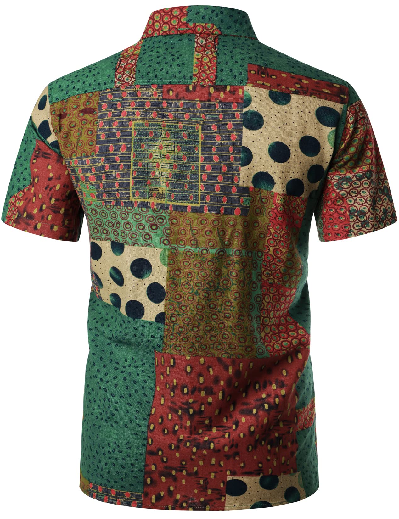 LucMatton Men's Casual Linen Breathable African Print Shirt Summer Short Sleeve Button up Hawaiian Tops Green Medium