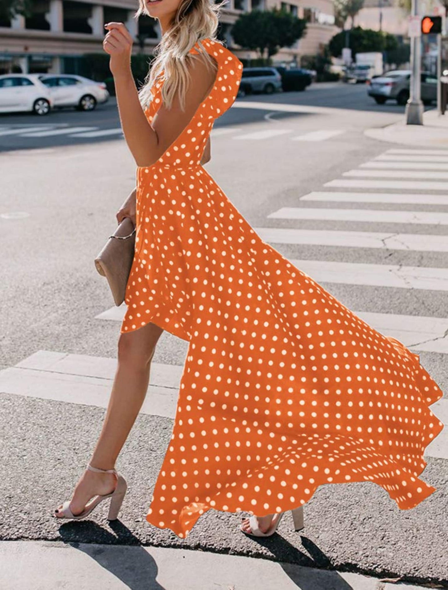 GRECERELLE Womens Summer Maxi Dress Boho Floral Cocktail Polka Dot Wrap Dresses V Neck Casual Party Bohemian Flowy Long Dress for Ladies (Polka Dots-Orange, L)