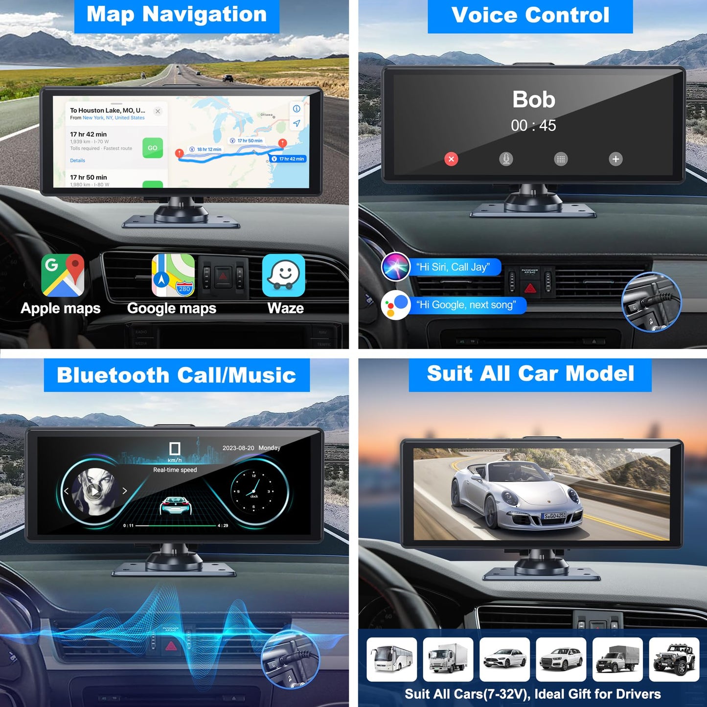 Portable Wireless Carplay& Android Auto Car Screen,10.26 Inch IPS Touchscreen with 4K Dashcam and HD Back-up Camera Support Bluetooth/Siri/Google/GPS/Mirror-Link, Double Din with 64G TF Card Included