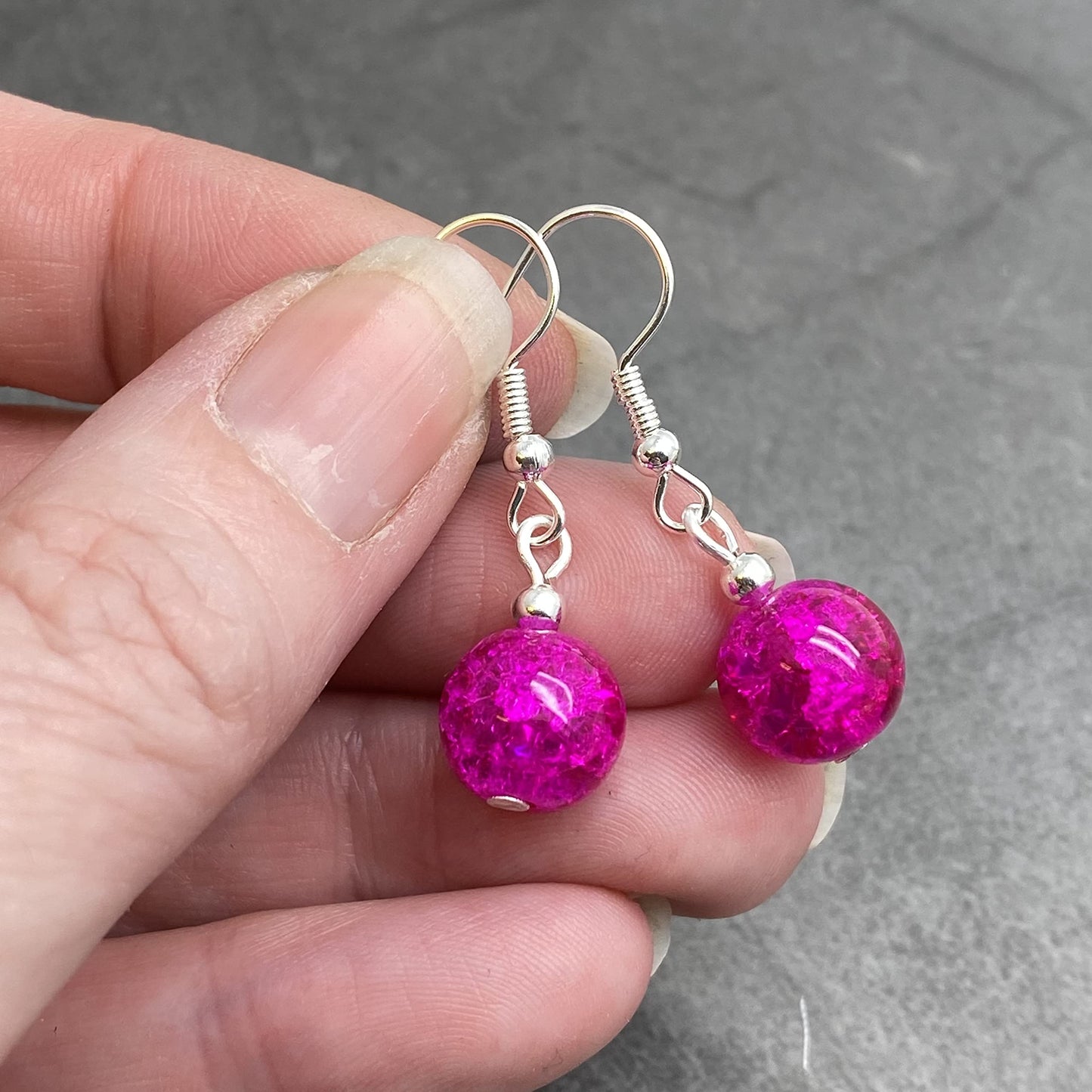 Hot Pink Crackle Glass Bead Earrings - 10mm Round Beads on Nickelfree Hooks