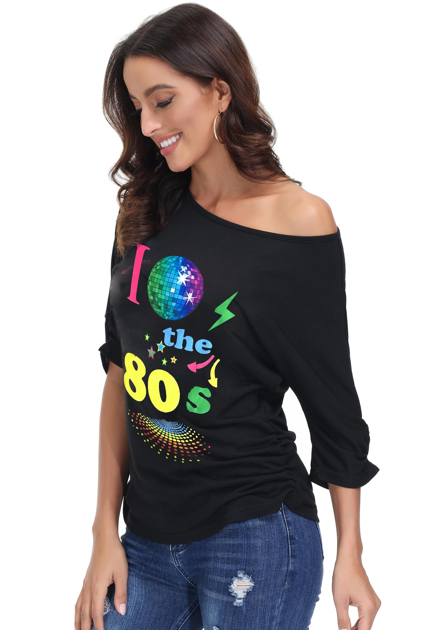 ELFIN 80s T Shirt Fancy Dress Costume for Women Off Shoulder Tops Sexy Lips Printed Casual Jumper Shirts