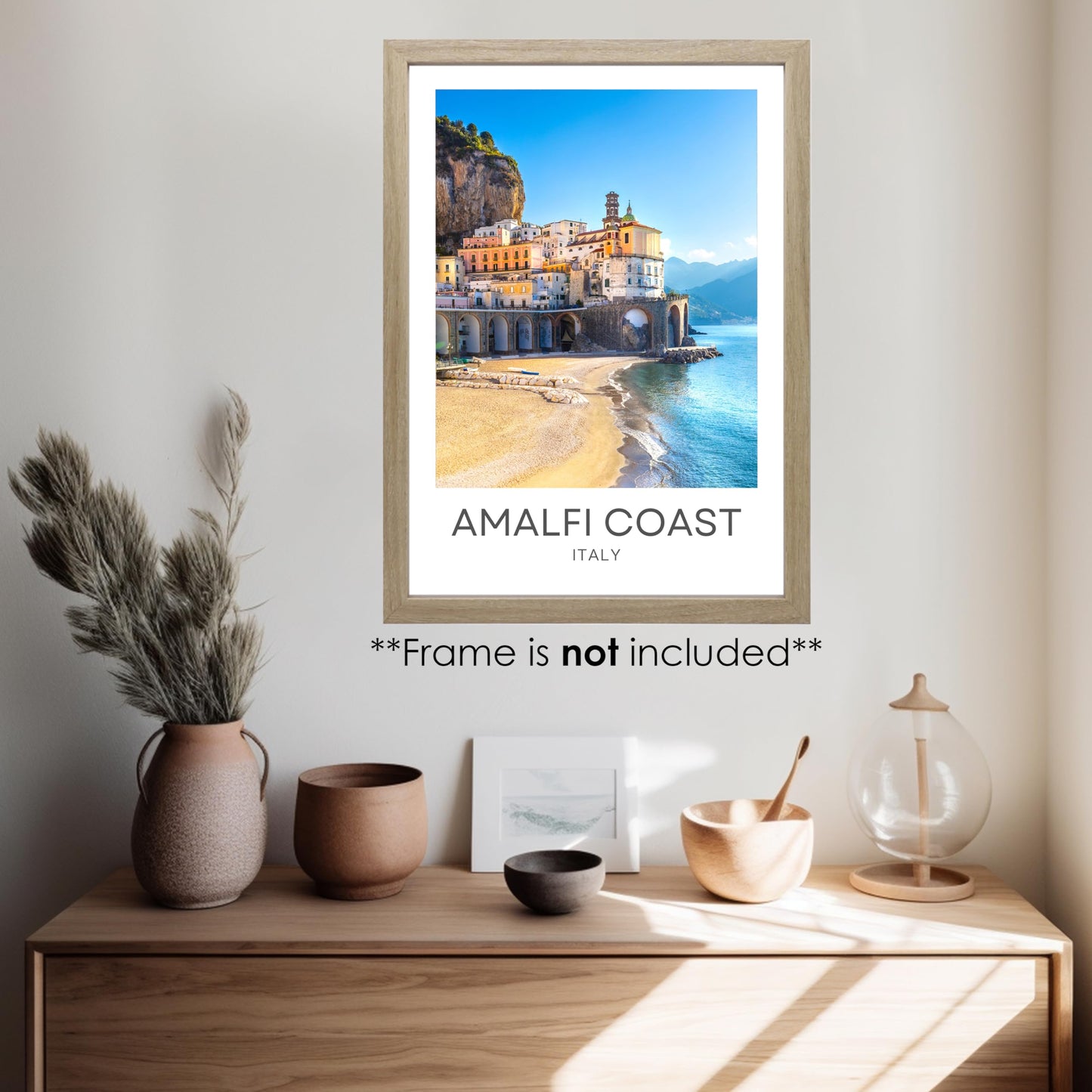 Amalfi Coast Italy Unframed A3 Travel Print, Photographic City Destination Art Poster, Home Décor Wall Art, Atrani Colourful Fishing Village Cliffside Houses, Orange Yellow Blue, 42cm x 29.7cm (A3)