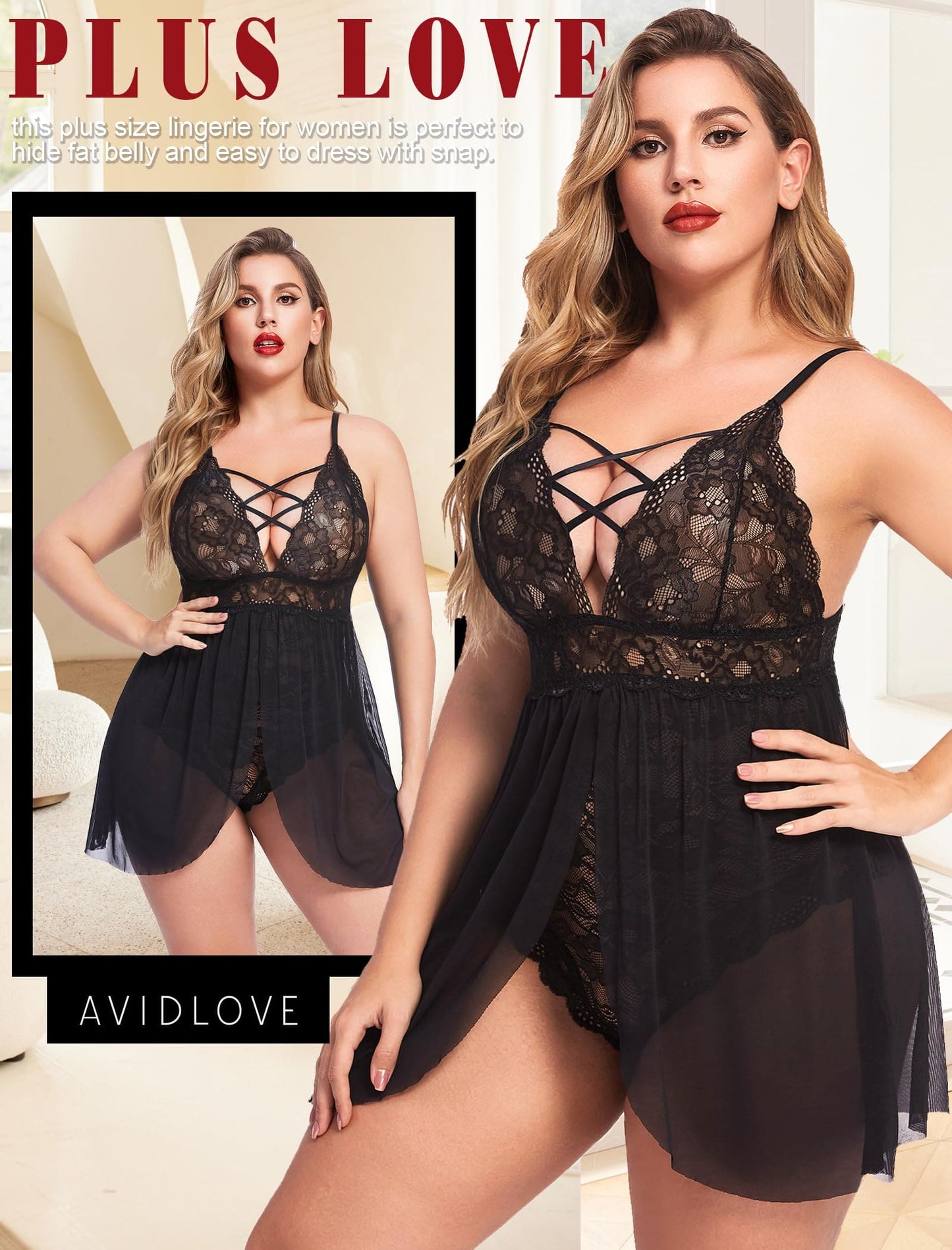 Avidlove Plus Size Lace Chemsie Woman Lingerie Babydoll Sleepwear Bridal Nightdress (Black, XXL)