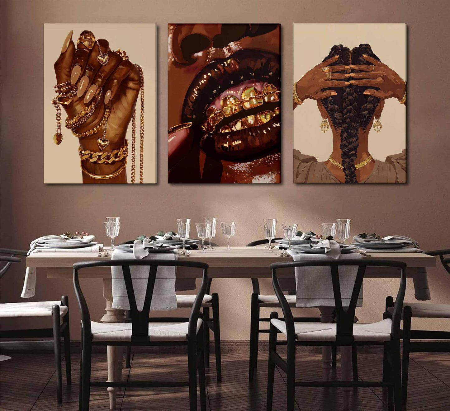 3 Pcs African American Woman Canvas Wall Art Fashion Afrocentric Black Girl Grill Melanin Paintings Pictures Wall Decor Poster Print Artwork for Living Room Bedroom Home Decoration (Canvas, 16x24in)