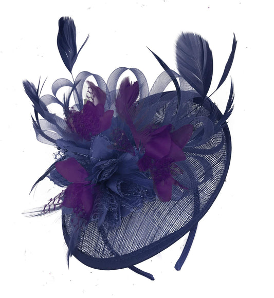 Navy Blue and Dark Purple Sinamay Disc Saucer Fascinator Hat for Women Weddings Headband