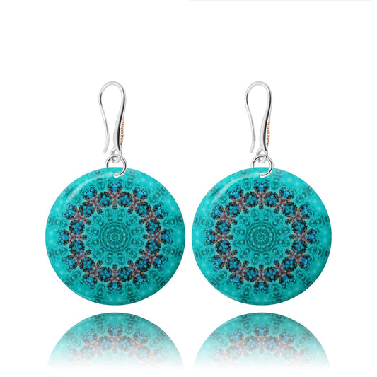 Handmade Big Mandala Oval Round Lightweight Dangle Earrings for Women (Blue Turquoise)