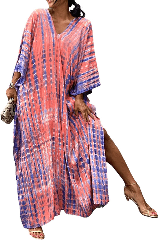 Caftan Women's Plus Size Caftans Stripe Print tie dye Vneck Kaftans Loose Soft Kaftan Dresses Loungewear Light Weight Side Split Beach Maxi Dresses (730-13 Pink)