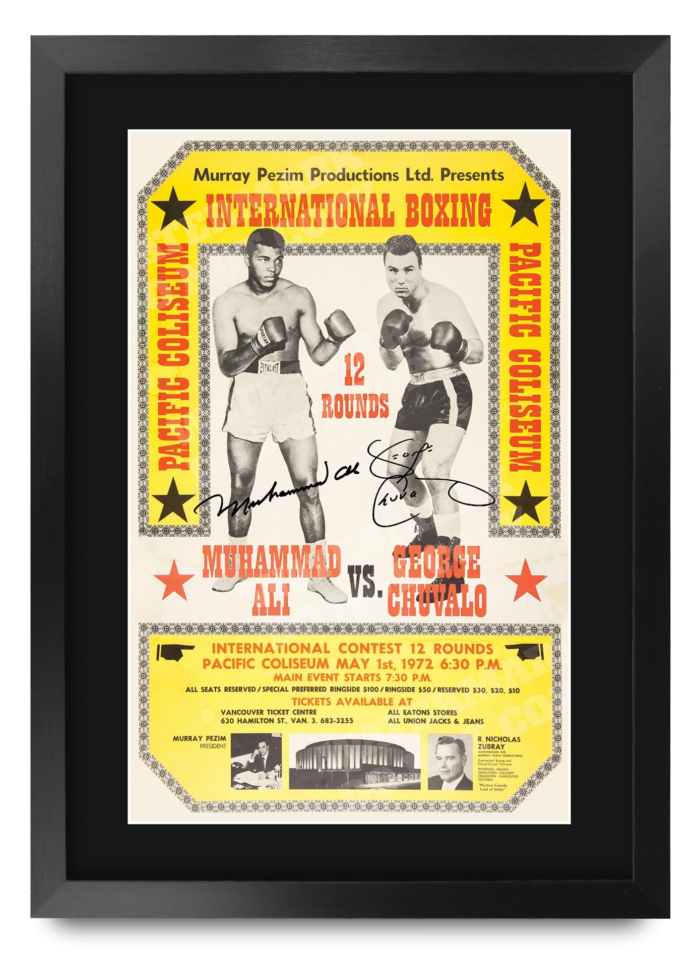 HWC Trading FR A3 George Chuvalo v Muhammad Ali 1972 Bout Gifts Printed Signed Autograph Poster for Boxer Memorabilia Fans - A3 Framed