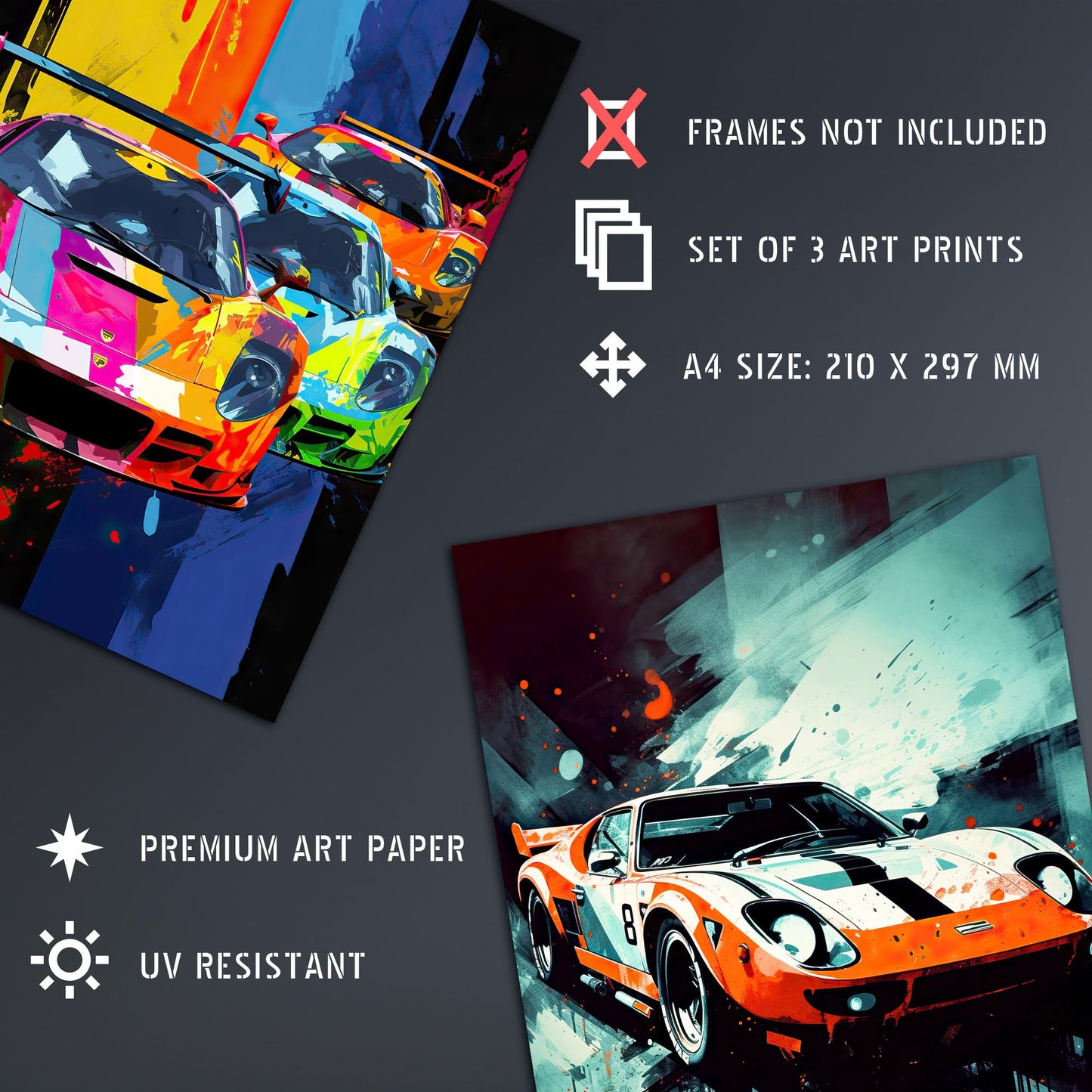 Artery8 Set of 3 A4 Racing Car Motorsport Grand Prix Paintings Bright Colourful Mancave Gift For Him Unframed Wall Art Living Room Poster Prints Pack