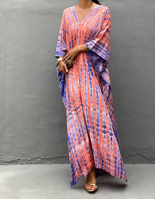 Caftan Women's Plus Size Caftans Stripe Print tie dye Vneck Kaftans Loose Soft Kaftan Dresses Loungewear Light Weight Side Split Beach Maxi Dresses (730-13 Pink)