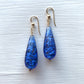 Diana Ingram earrings with blue translucent and white flake Murano glass long pear drops on Sterling Silver or 22 Carat gold vermeil hooks