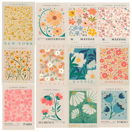 CECOMBINE 12 PCS Flower Market Wall Posters, Vintage Aesthetic Posters, A4 Unframed Wall Art Decor Pictures, 8x10inch, Colorful Floral Prints for Gallery Bedroom Living Room Decor