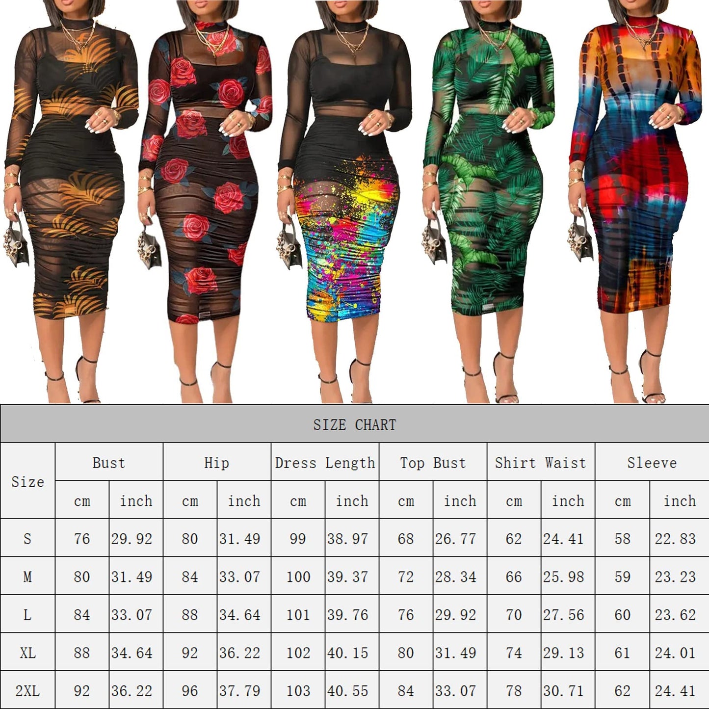 Women's Sexy See Through Sheer Mesh Long Sleeve Floral Midi Cover Up Dress Crop Tank Tops Skirt 3 Piece Outfits Set Green S