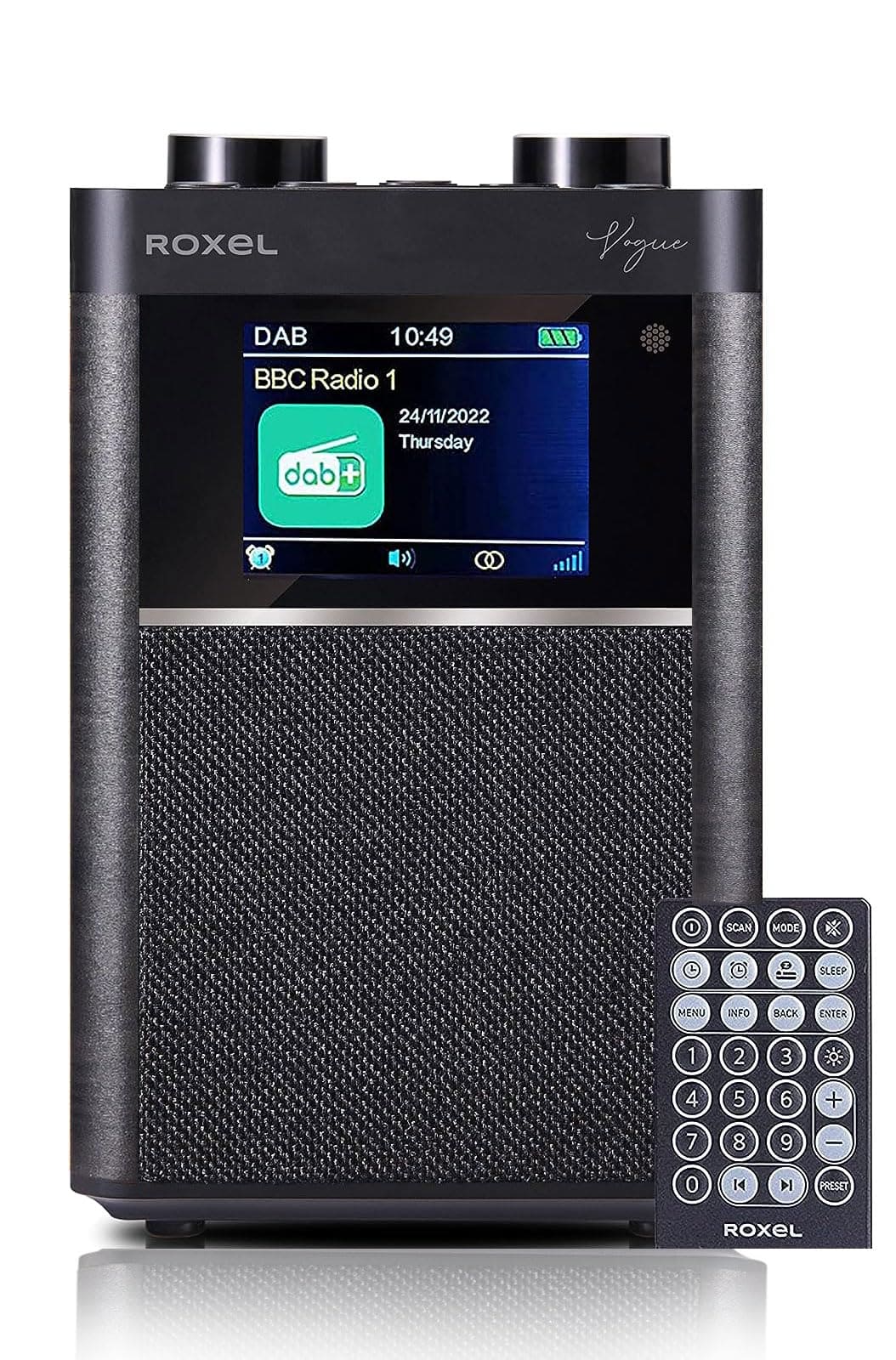 Roxel Vogue DAB Radio & FM Radio and Wireless Speaker with Dual Alarm & Snooze Function, Rechargeable Portable DAB Radio, Mains & Battery (Black)