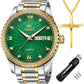 OLEVS Mens Watch Luxury Diamonds Green Dial Day Date Wrist Watches for Men Big Face Gold Bezel Luminous, Male Business Casual Analog Quartz Watch Waterproof with Stainless Steel Band Classic Gifts Set