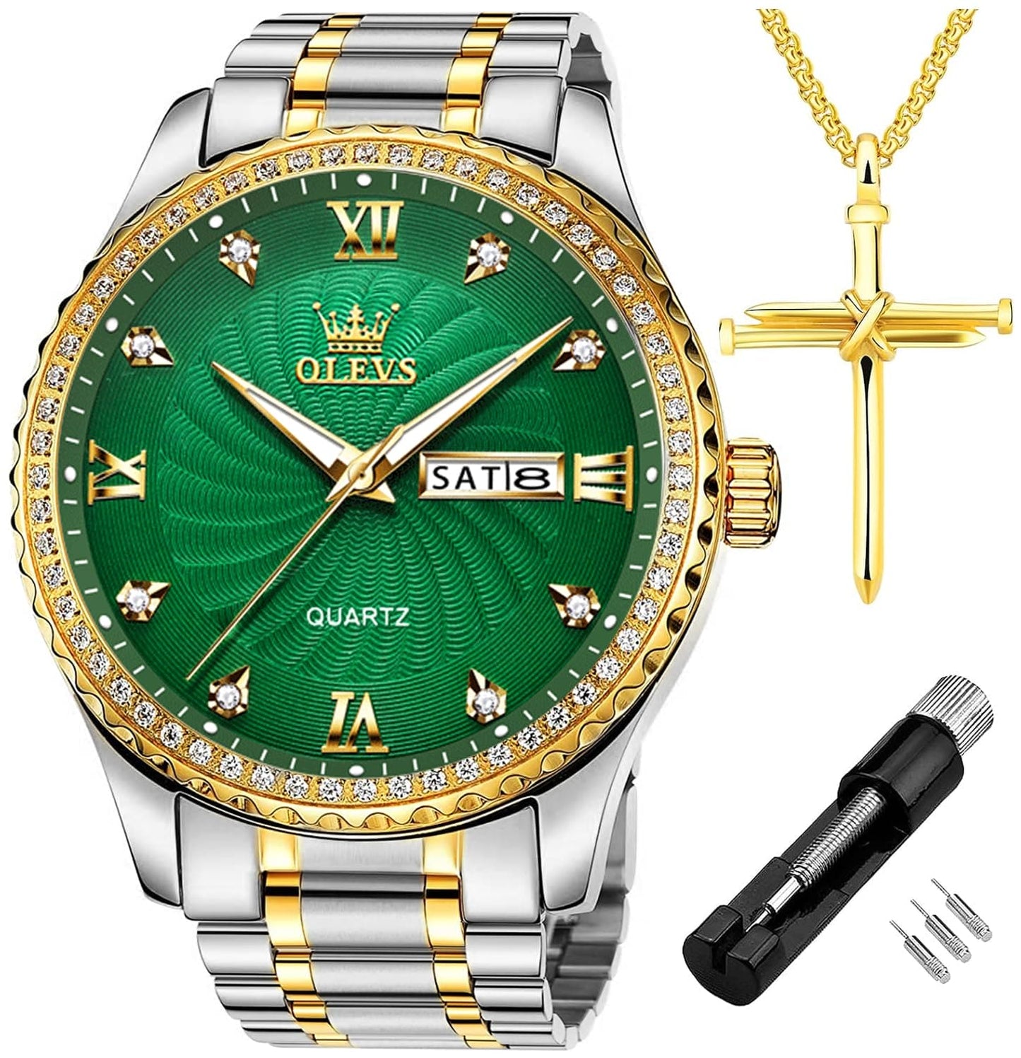 OLEVS Mens Watch Luxury Diamonds Green Dial Day Date Wrist Watches for Men Big Face Gold Bezel Luminous, Male Business Casual Analog Quartz Watch Waterproof with Stainless Steel Band Classic Gifts Set