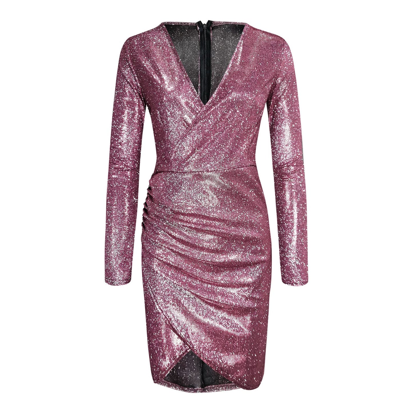 Evening Dresses Women's Sexy Glitter Mini Dresses Short V-Neck Party Dresses Slim Fit Sequin Dresses Prom Dresses Elegant Long Sleeve Pleated Wrap Dresses Plain Irregular Hem Mini Dress, hot pink, S